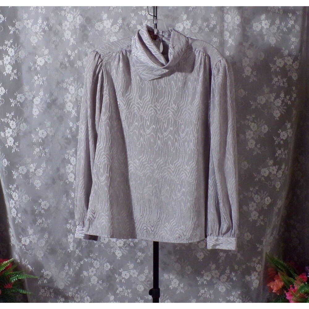 Vintage 80s Gray Secretary Blouse Size Large 1980s Retro Art Deco Office Glam